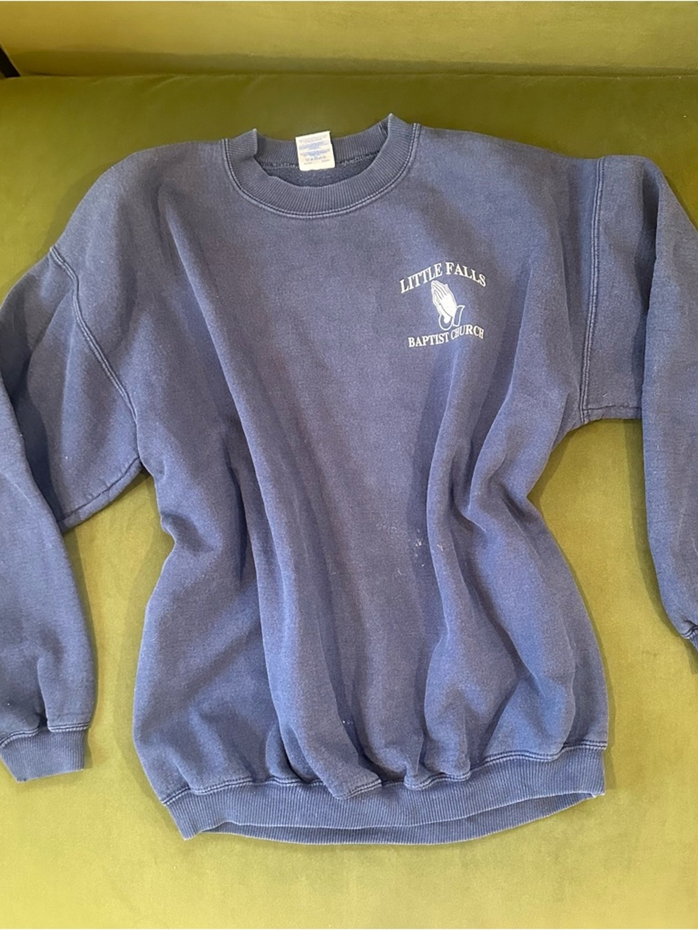 Vintage 90s Navy Crewneck Sweatshirt with Little Falls Baptist Church Logo - Picture 5 of 14